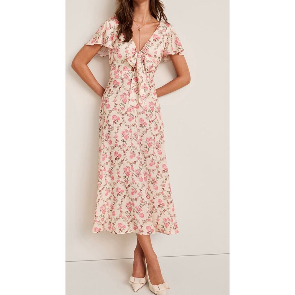 Francesca’s Nora Rose Floral Midi Dress Pink White Cutout Bow Sz Large Coquette